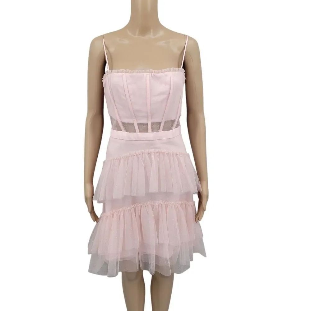 Next Up Pink Illusion Mesh Corset Ruffle Tiered Fit & Flare Tulle Mini Dress